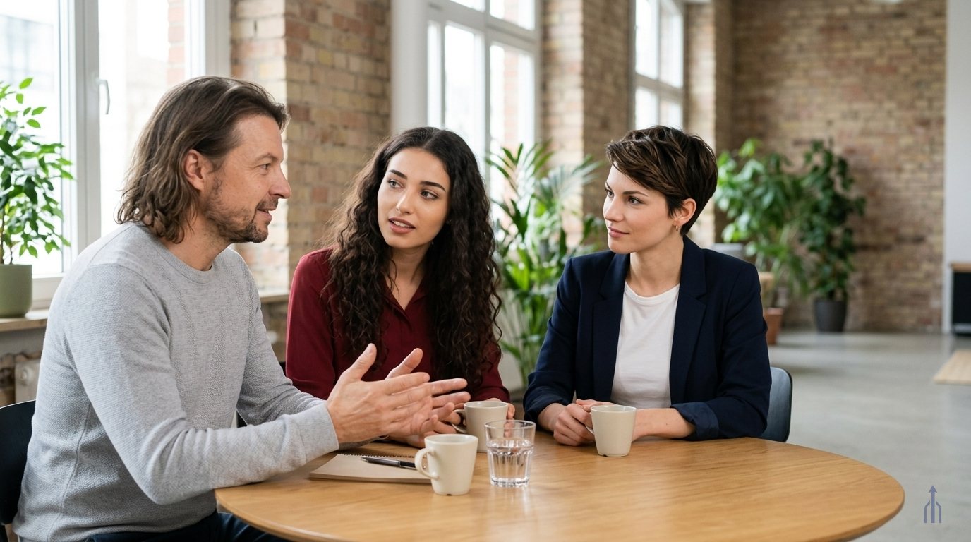 KI-generiert: Maik Marx erklärt zwei Frauen an einem runden Tisch Schritt für Schritt den Ablauf