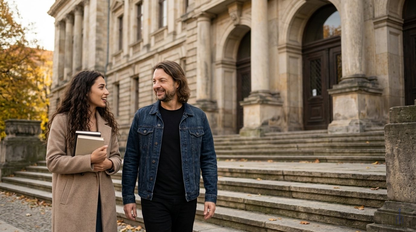 KI-generiert: Maik Marx und eine Frau mit Büchern gehen die Treppe einer Berliner Bibliothek hinunter
