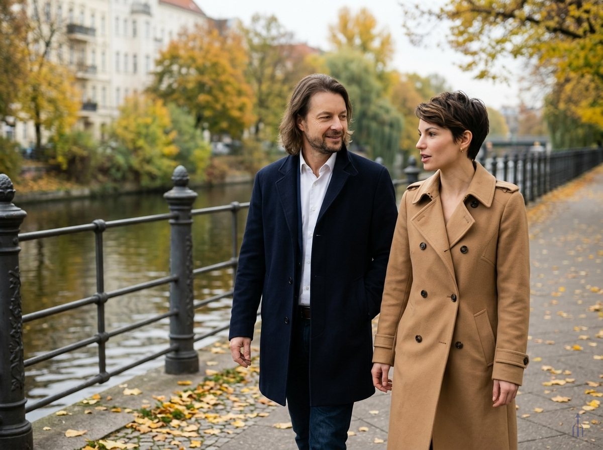 KI-generiert: Maik Marx geht mit einer Frau im Herbst am Kanal entlang und hört ihr zu