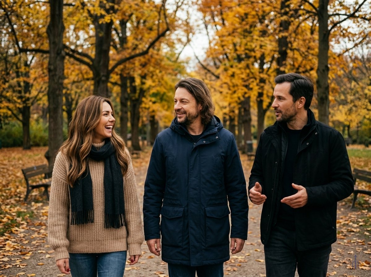 KI-generiert: Maik Marx geht mit einer Frau und einem Mann im Herbst durch einen Berliner Park